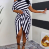 Striped Print Ruched Slit Casual Dress