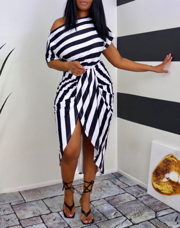 Striped Print Ruched Slit Casual Dress